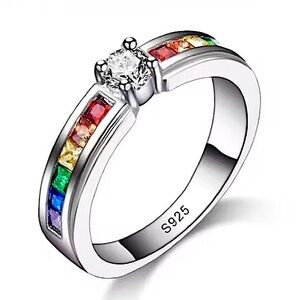 NEW 925 COLORFUL RAINBOW CZ PRINCESS SQUARE SIMULATED BAGUETTE STONE SILVER RING